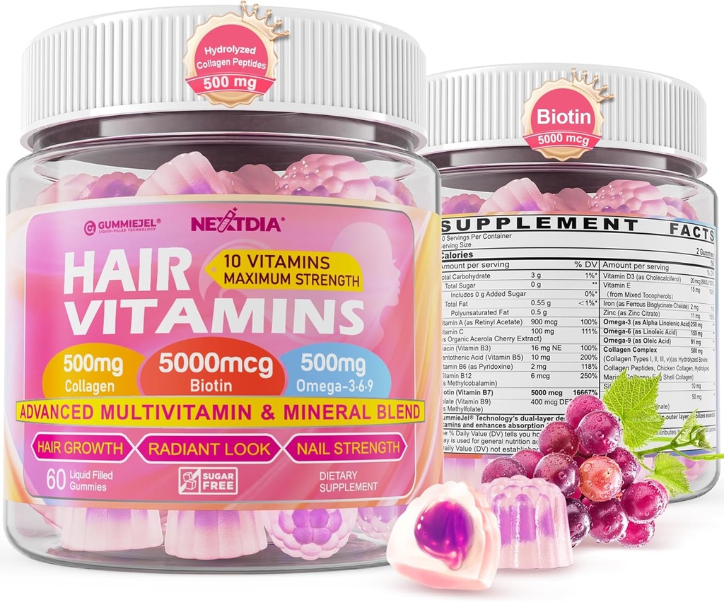 Hair Growth Vitamins Liquid-Filled Gummies - Biotin 5000mcg, Hydrolyzed Collagen Peptides, Omega 3-6-9, Hyaluronic Acid, Methylfolate, Methylcobalamin -Healthy Hair, Skin & Nails Supplement for Women