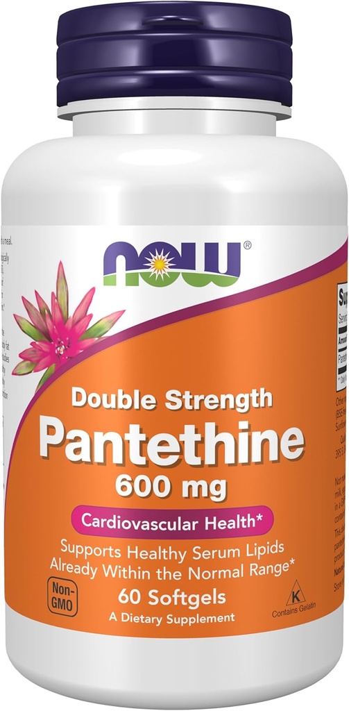 NOW Foods Supplements, Pantethine (Coenzyme A Precursor) 600 mg, Double Strength, Cardiovascular Health*, 60 Softgels