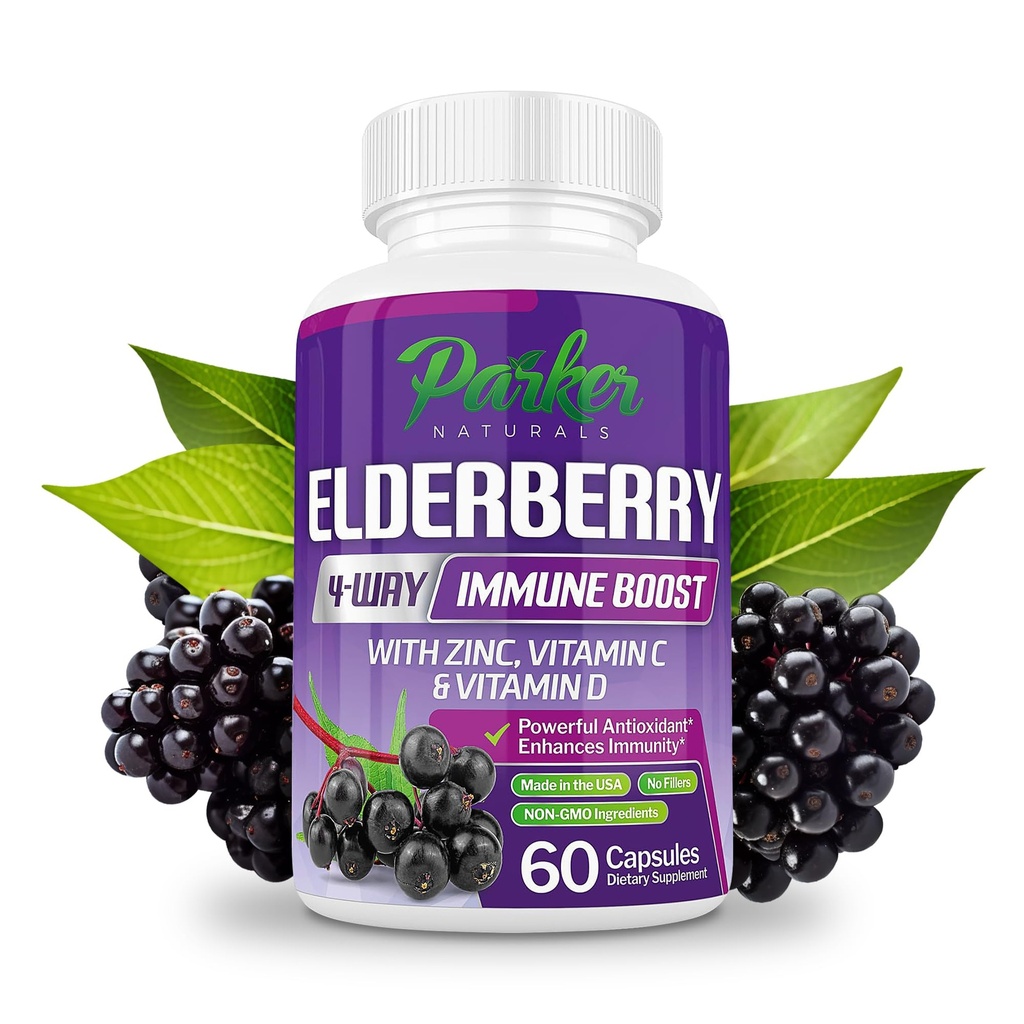 Parker Naturals Organic Elderberry Capsules, 4-Way Immune Boost Elderberries, Vitamíny C, D & Zinc Support, 1260,1 mg Elderberry Supplements for Adults, 60 Kapsule