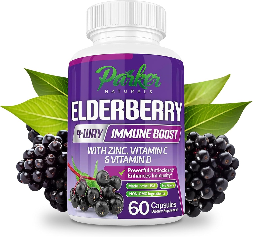 Parker Naturals Organic Elderberry Capsules, 4-Way Immune Boost Elderberries, Vitamíny C, D & Zinc Support, 1260,1 mg Elderberry Supplements for Adults, 60 Kapsule