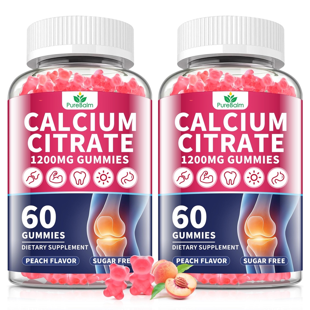 2 Pack-Calcium Citrate 1200mg Gummies for Women & Men,Pure Calcium Chews Supplement,Supports Bone,Teeth & Immune Health,High Absortion,Sugar Free,Vegan-Peach Flavor-60 Day Supply