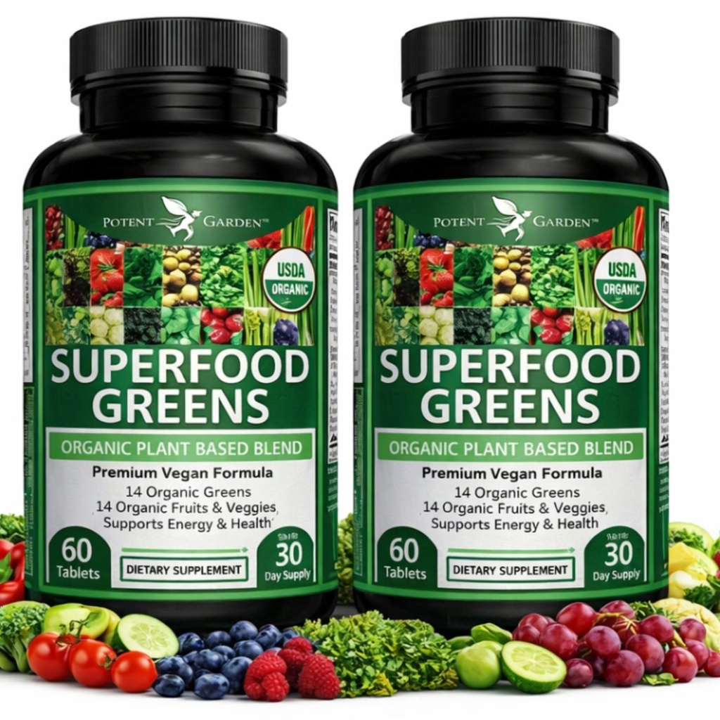 Silná záhrada 2-Pack Organic Superfood Greens, ovocie a zelenina Supplement bohaté na vitamíny a antioxidanty s lucernou, Repa Root & Tart Cherry to Boost Energy, Imunity & Gut Health, 120 Ct