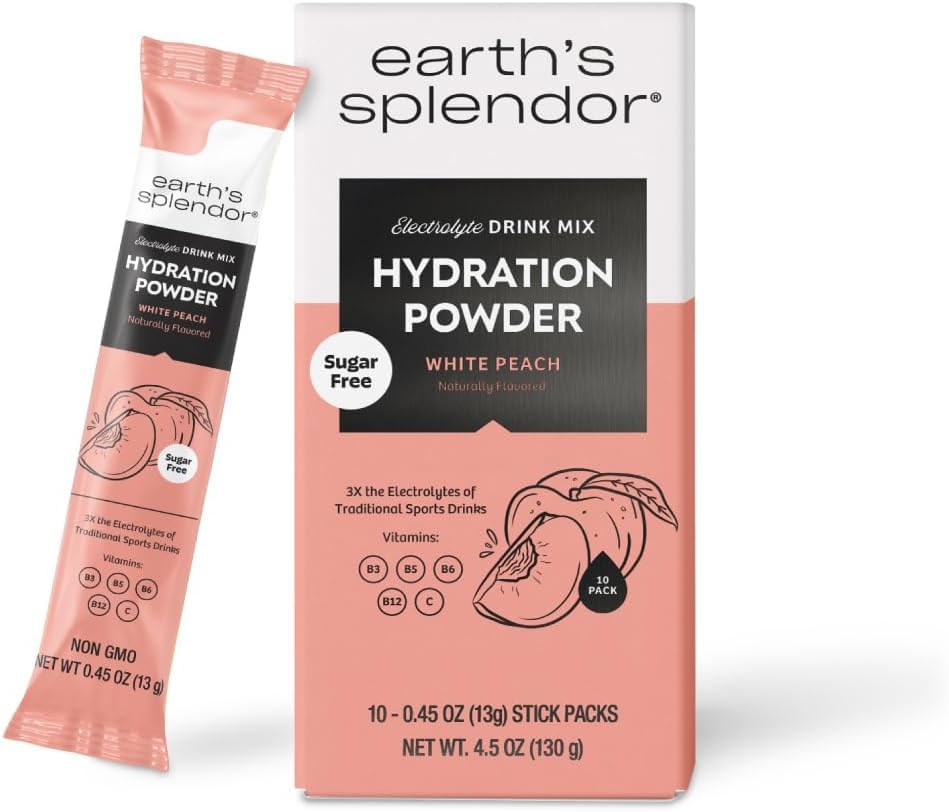 Earth's Splendor Electrolytes Powder Packets Sugar Free White Peach Hydration Sticks with Essential Vitamins for Energy & Sports Performance Travel-Friendly Single-Serve Packets for Daily Use 10 Pack