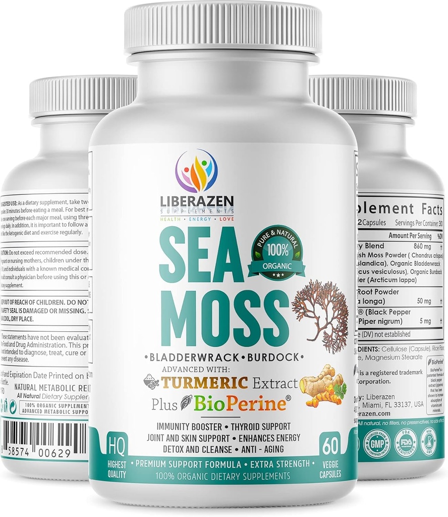 Organic Irish Sea Moss Pills - Wildcrafted Dr Sebi Inspired Seamoss Blend s Turmerica, Burdock Root & Bladderwrack, vylepšený s Black Pepper - 60 Kapsule