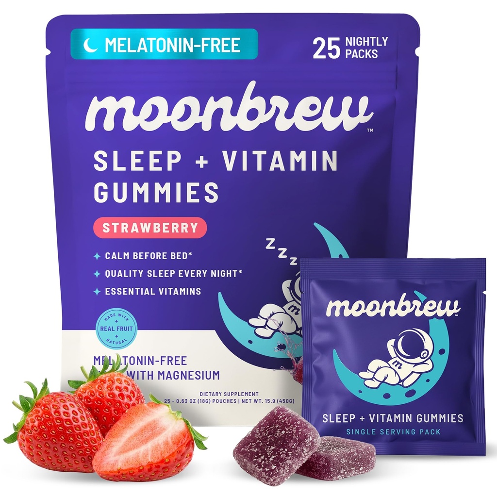 MoonBrew Natural Sleep & Vitamin Gummies for Adults - Melatonin-Free Sleep Aid Gummy with Magnesium (Glycinate & Taurinate), L-Theanine & 8 Essential Vitamins, 17 Real Fruits - Vegan & Gluten-Free