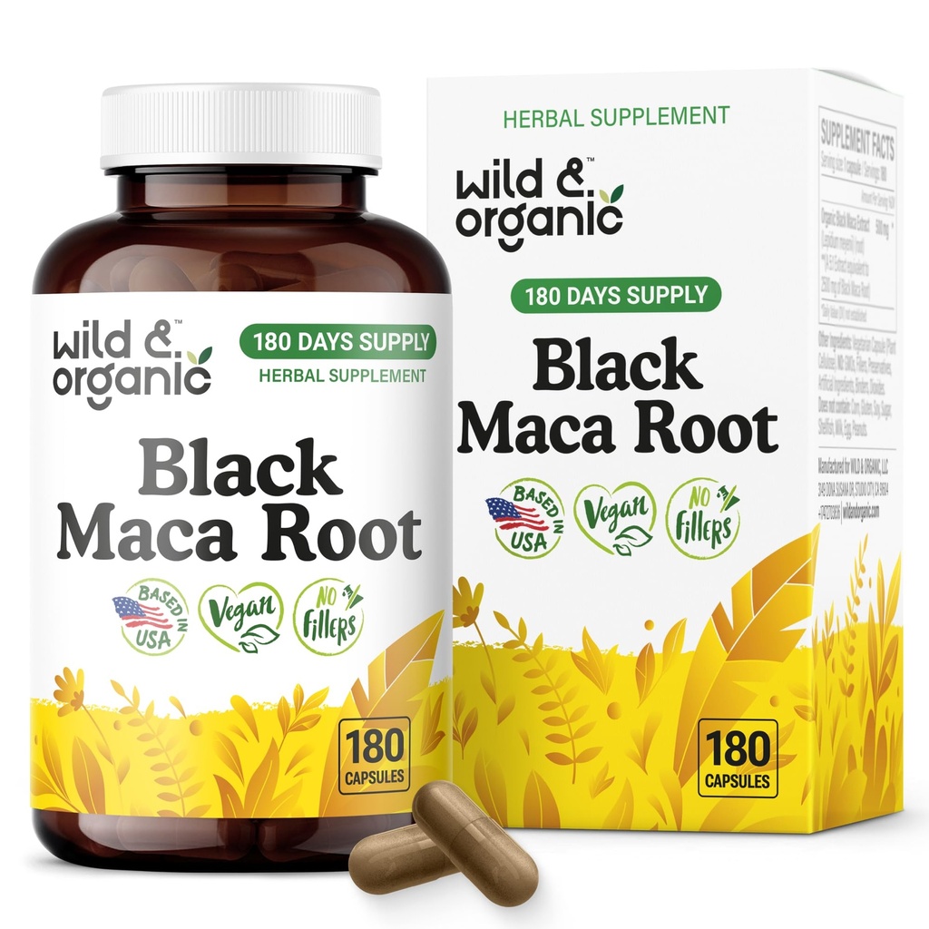 Wild & Organic Black Maca Root Capsules for Men & Women 500 mg - Overall Support for Men & Women - Vegan Maca Powder Supplement - 180 Days Supply - Non-GMO, No Fillers, Gluten-Free - 180 Count