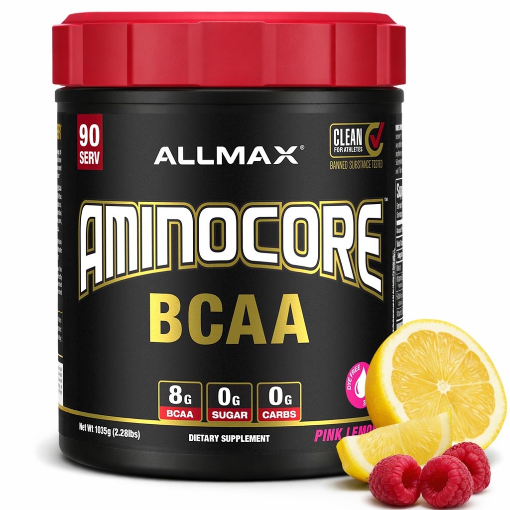 ALMMAX Nutrition AMINOCORE BCAA, ružová citrónová limonáda - 945 g prášok - 8.18 Grams Amin Amin s rozvetveným reťazcom na podávanie - s B vitamínmi - bez plnív alebo non-BCAA Aminos - bez cukru - 90 Servings