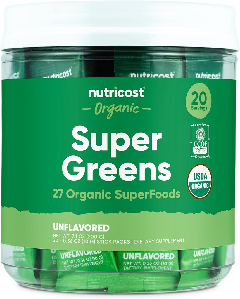 Nutricost Organic Super Greens (Unflavored) 20 Stickpacks - Gluten-Free, Non-GMO