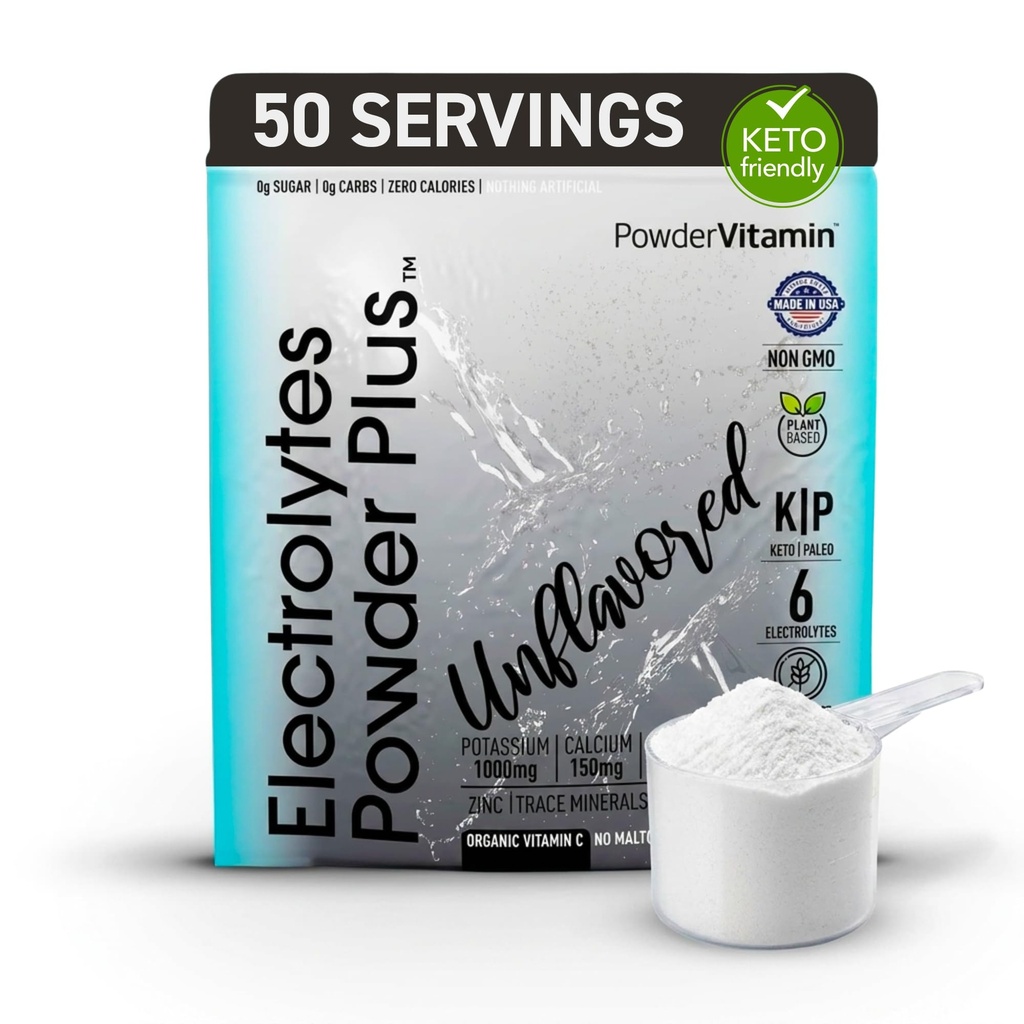 PrášokVitamin Electrolytes Powder Plus (50 Servings) Neochutený Electrolyte Powder Keto, bez cukru, Ružová himalájska soľ.,1000mg Draslík,150mg vápnika,150mg horčíka, NO Stevia