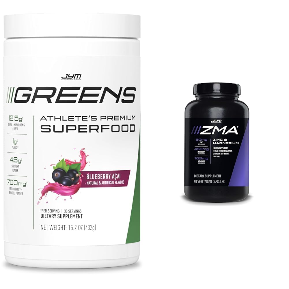 JYM Greens Super Food Blueberry Acai Powder with ZMA Zinc Magnesium Capsules Supplement, 30 Servings 90 Capsules