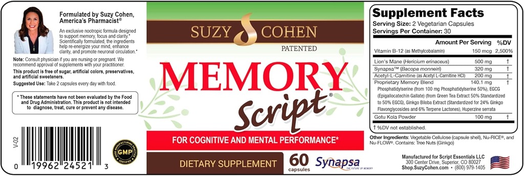 Suzy Cohen Memory Script with Lions Mane, Fosfatidylserine, Green Tea Extract and Ginkgo - Brain Support Supplement for Focus - Noottropic Kapsule od Cognition, Faster Recall and Mood