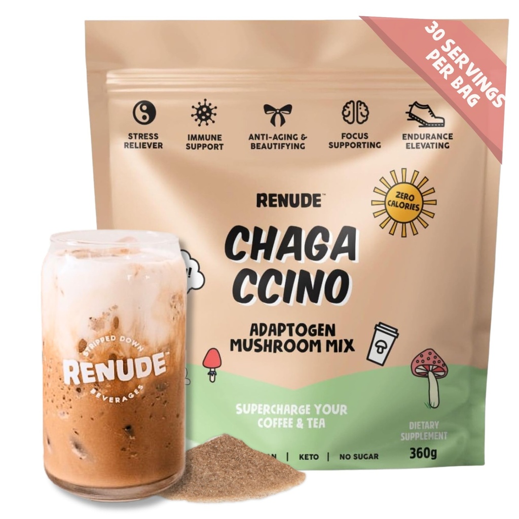 Renude Chagaccino - Chaga Mushroom Powder, Mushrom Coffee Drink Mix s adaptogénmi, prírodnou energiou a imunitnou podporou, Vegan, Keto, Powder Zero Calorie Mushrom Blend - 30 Služieb