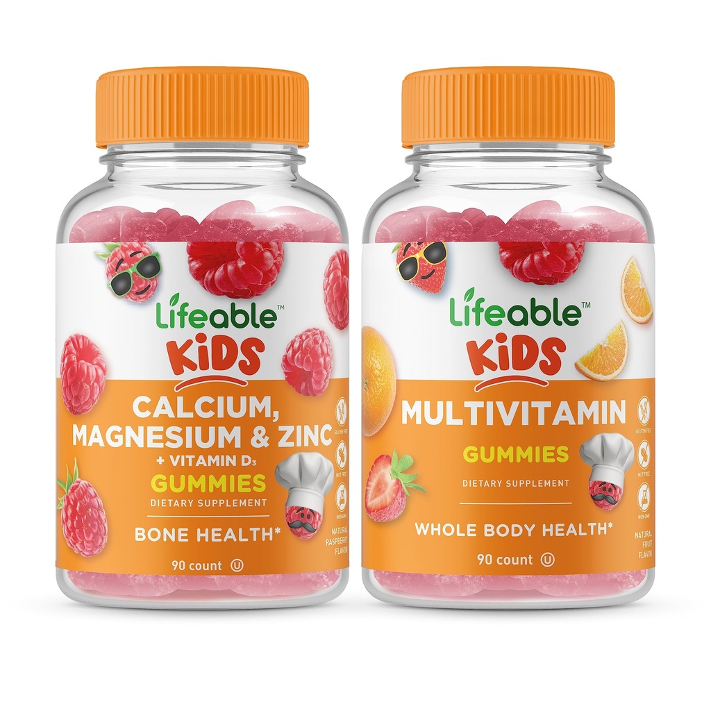 Životaschopné kalcium Magnézium & Zinok Deti + Multivitamínové Deti, Gummy Bundle - Veľká chuť, Vitamínové doplnky, Gluten bez, GMO bez, Žuvacie Gummy