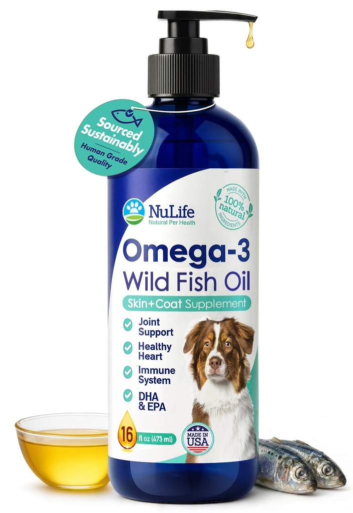 Tekutý rybí olej pre psy s Omega 3, 6 a 9 mastnými kyselinami, voľne žijúcimi živočíchmi z Islandu, skin and Coat Supplement for Shedding, svrbenie kože, alergie, mozgu a zdravia srdca, bohatý na EPA + DHA - 16 oz