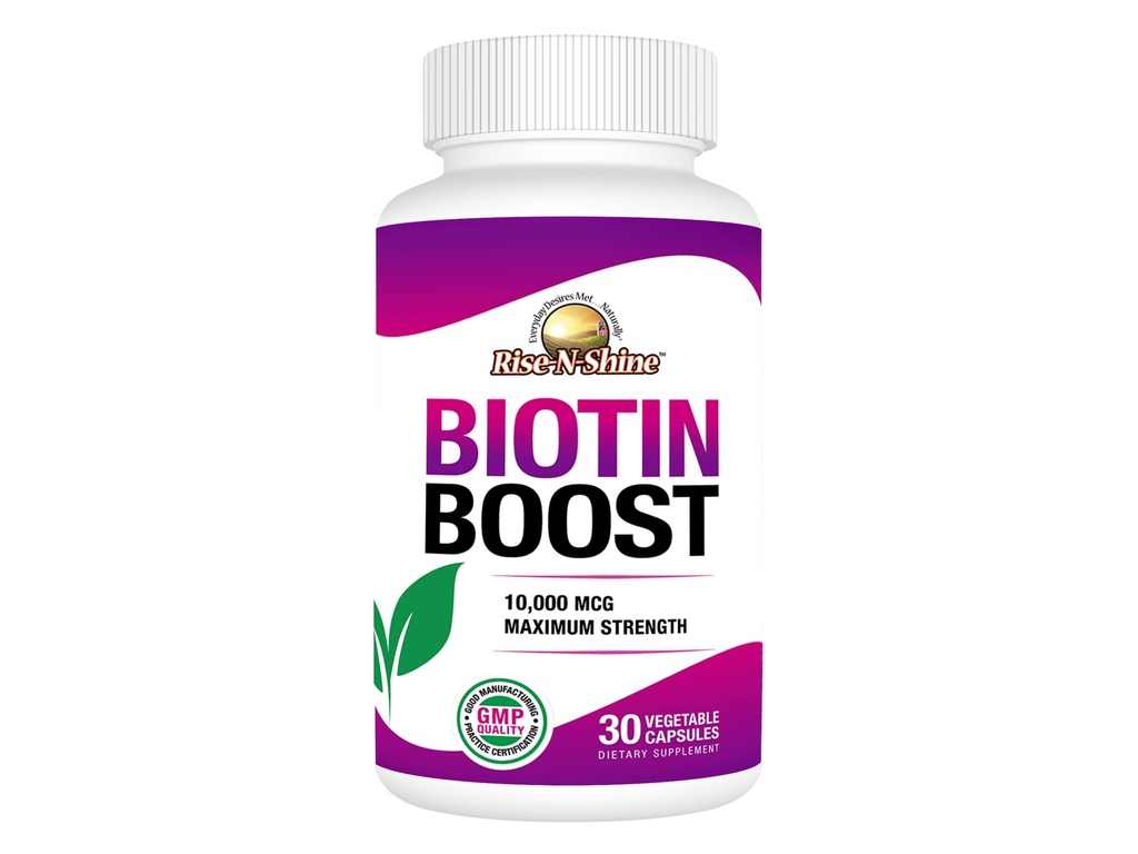 Rise-N-Shine Biotin Boost 10 000 mcg Biotin 10000 mcg na podporu vlasov, kože, nechtov a Lashes 30 Počet