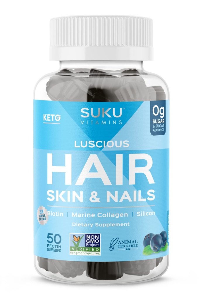 SUKU Vitamins - Luscious Hair - Silicon Biotin and Hydrolyzed Marine Collagen Gummies for Skin, Hair & Nails - Easy to Chew - Non GMO, Gluten Sugar Free - Blueberry Flavored Gummy Vitamins - 50 Count