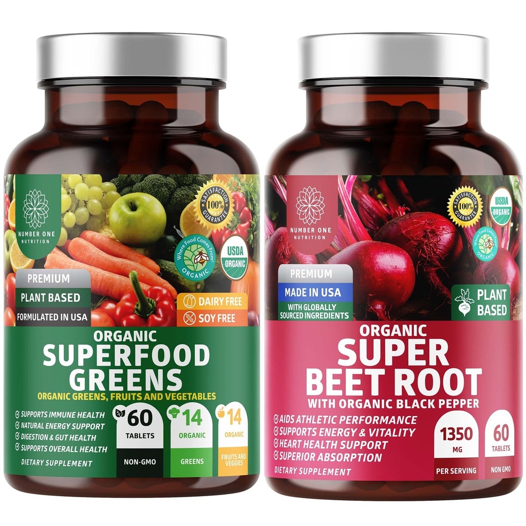 Number One Nutrition N1N Premium and Organic Superfood Greens and Beet Root Tablets for Imunity and Antioxidant Support, Balené s lucernou, Spirulínou a jačmennou trávou, 120 tabliet