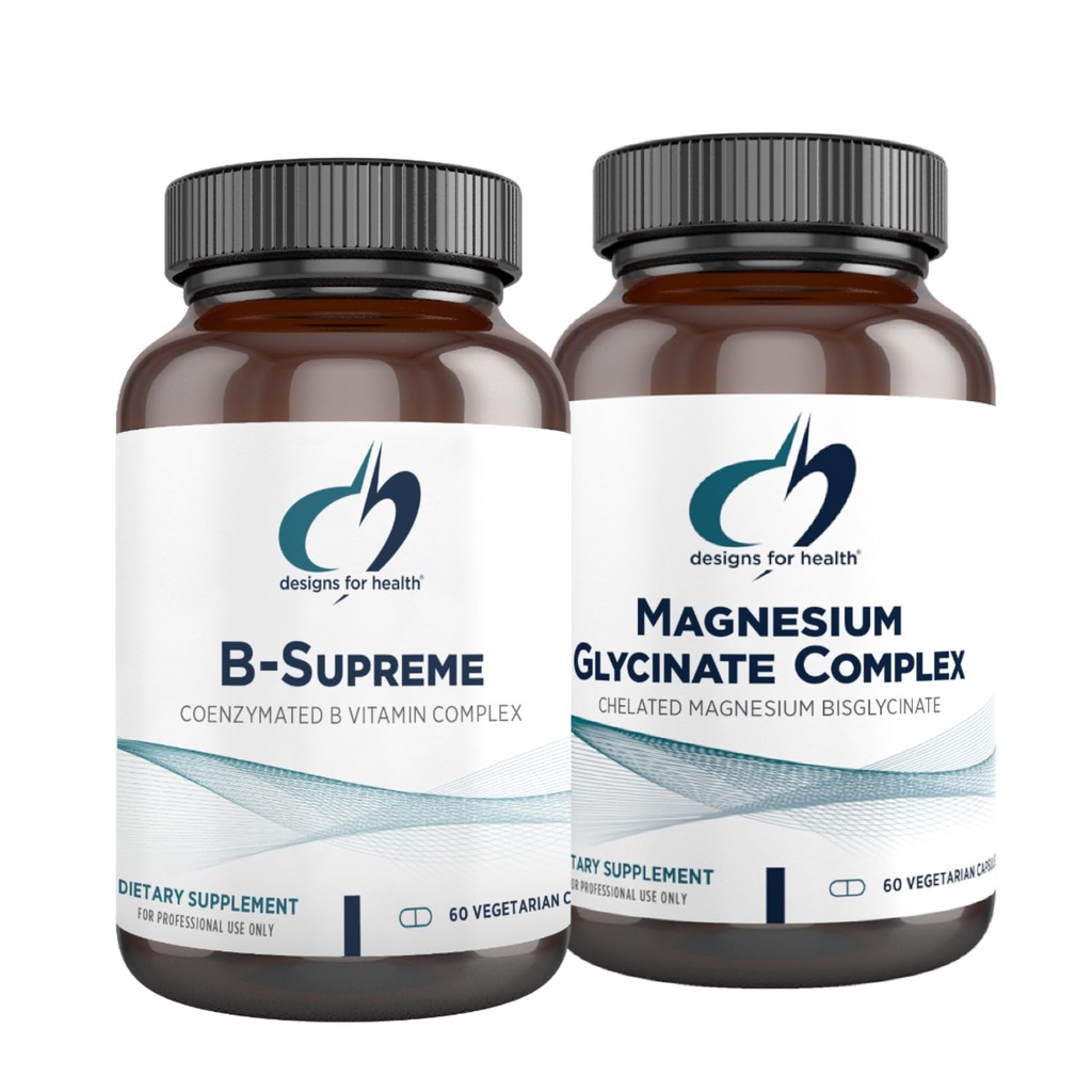 Designs for Health Magnézium Glycinate Complex (60 kapsúl) & B-Supreme (60 kapsúl) B-B vitamínový komplex s vysokou absorpciou horčíka Supplement