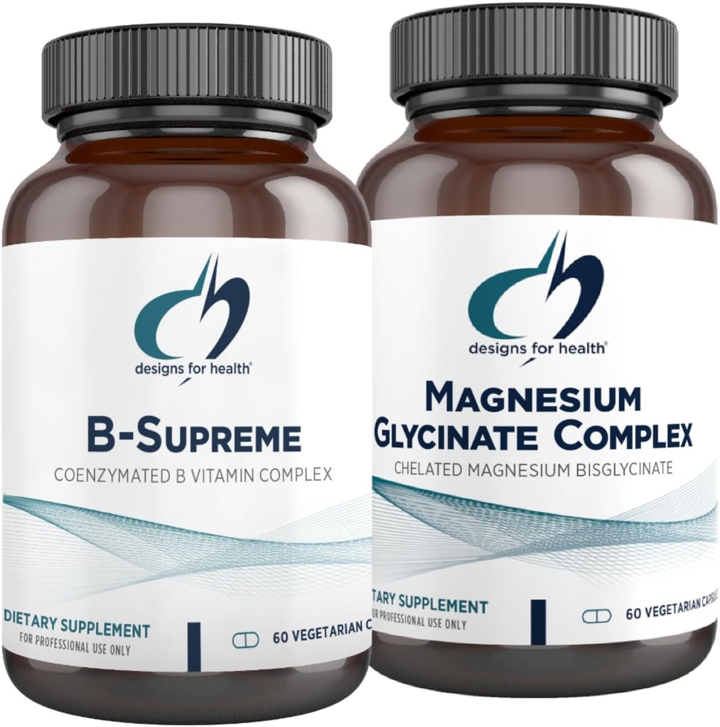 Designs for Health Magnézium Glycinate Complex (60 kapsúl) & B- Supreme (60 kapsúl) Bundle - B Vitamínový komplex s vysokou absorpciou horčíka Supplement