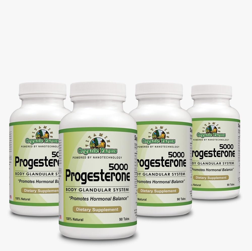 Organic Farms Vitamins Progesterone 5000 kit of 4 - Body glandular System Dietary Supplement, 100% Natural Progesterone Pills - Formula to Balance Hormones - progesterone Supplement, 360 Tablets