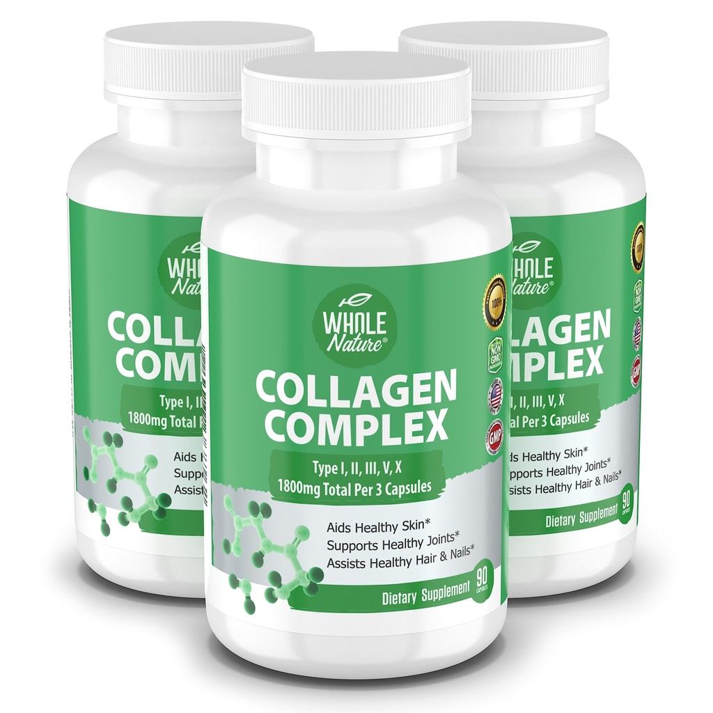 Multicolagen Protein Peptidy Supplement Kapsule - 1800mg Kolagen Complex Typy I, II, III, V, X - Spoločná podpora, zdravé vlasy, koža, nechty, krása Vitamíny, 100% prírodné, non-GMO 270ct (3)