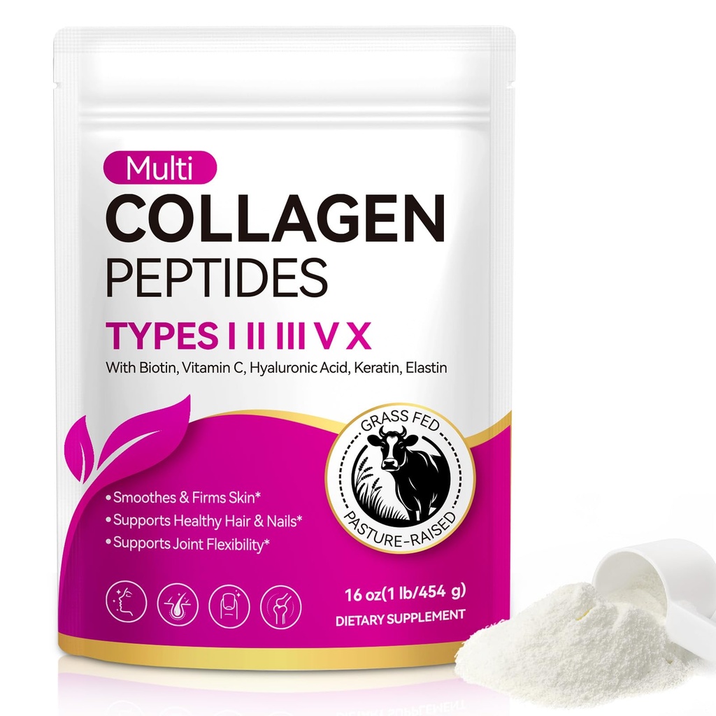 Collagen Peptides Powder For Women & Men, Protein Powder with Hyaluronic Acid & Vitamin C,Supports Hair/Nail/Skin/Bone & Joint Health, Grass Fed, Unflavored, Hydrolyzed Collagen Protein 16 OZ/1 lb (1)