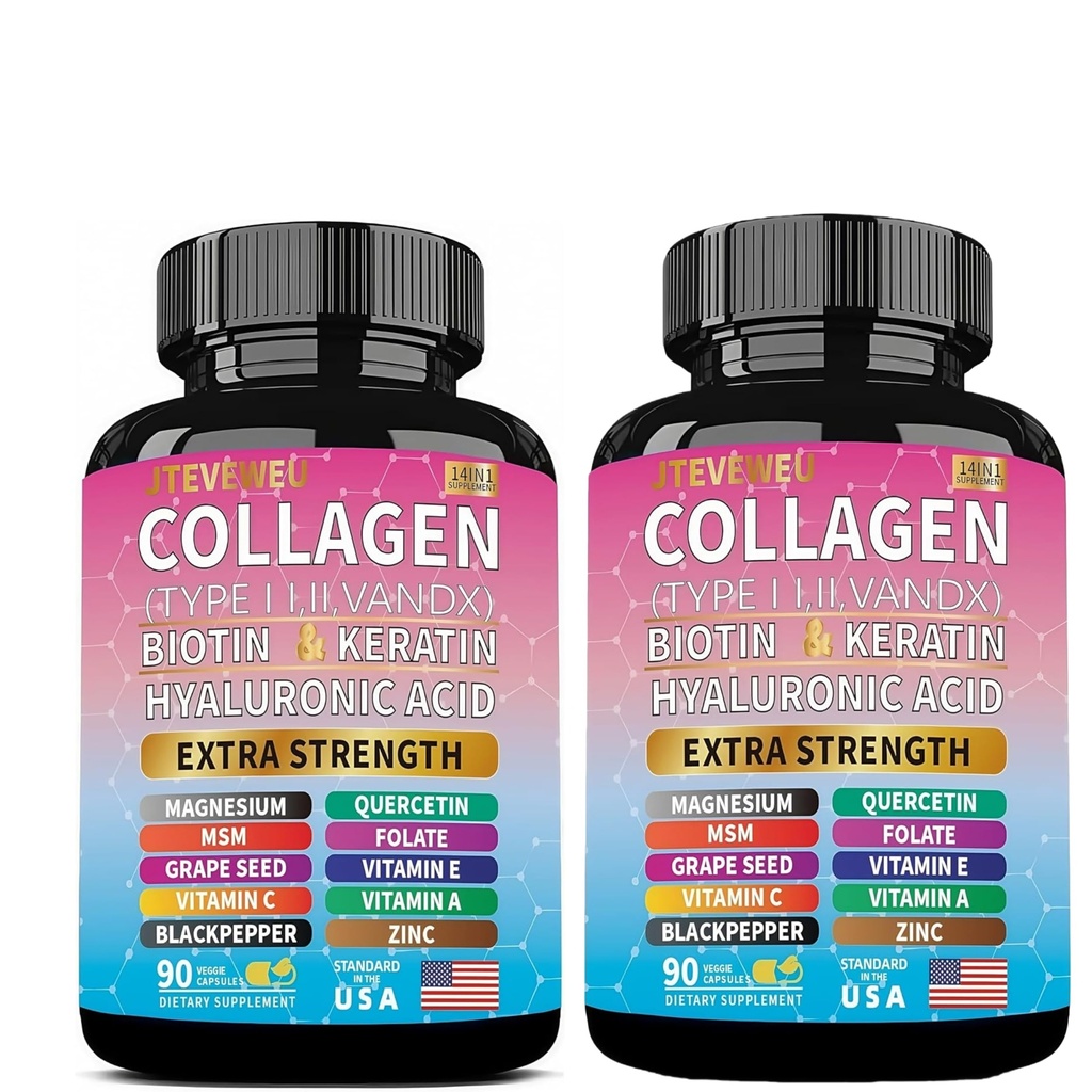 Collagen Supplement - Type I, II, III, V and X - with Biotin, Keratin, Hyaluronic Acid & 13+ Extra Strength Ingredients - （180 Capsules）
