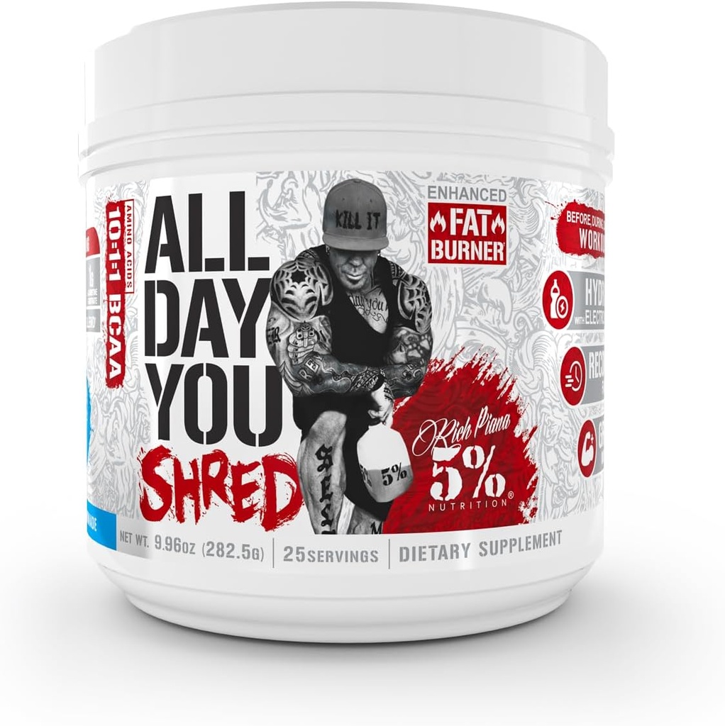 5% Nutrition Rich Piana AllDayYou Shred BCAA Powder | Amino Acid Supplement for Weight Loss | Elite Fat Burning Pre Workout for Energy, Hydration, Endurance & Recovery (Blueberry Lemonade)