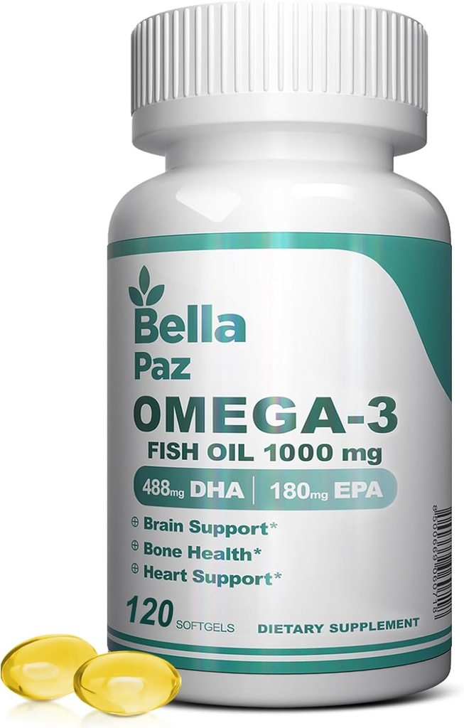 Omega 3 FishOil Doplnky - 1000mg Rybí olej 788 mg Omega-3 Mastná kyselina Burpless, 488 DHA & 180 EPA pre svalovú kostnú mozgovú podporu a zdravie, Doplnky pre mužov a ženy, 120 Softgels