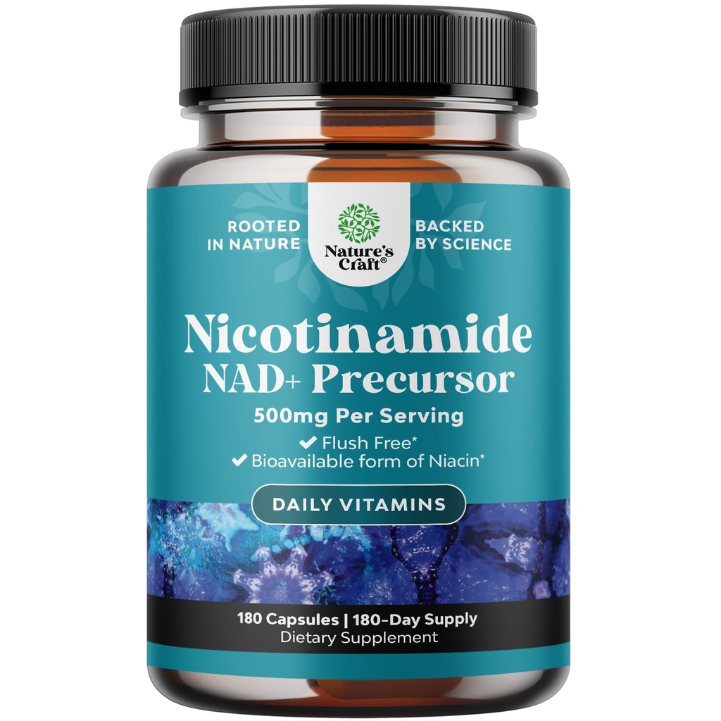 Vitamín B3 Niacínamid 500 mg kapsuly - mitochondriálna energia a potentné kožné doplnky - AKA vitamín B3 Niacín 500mg bez Flush a nikotínamid 500mg - bez Flush Niacin Supplement - 180 Počet