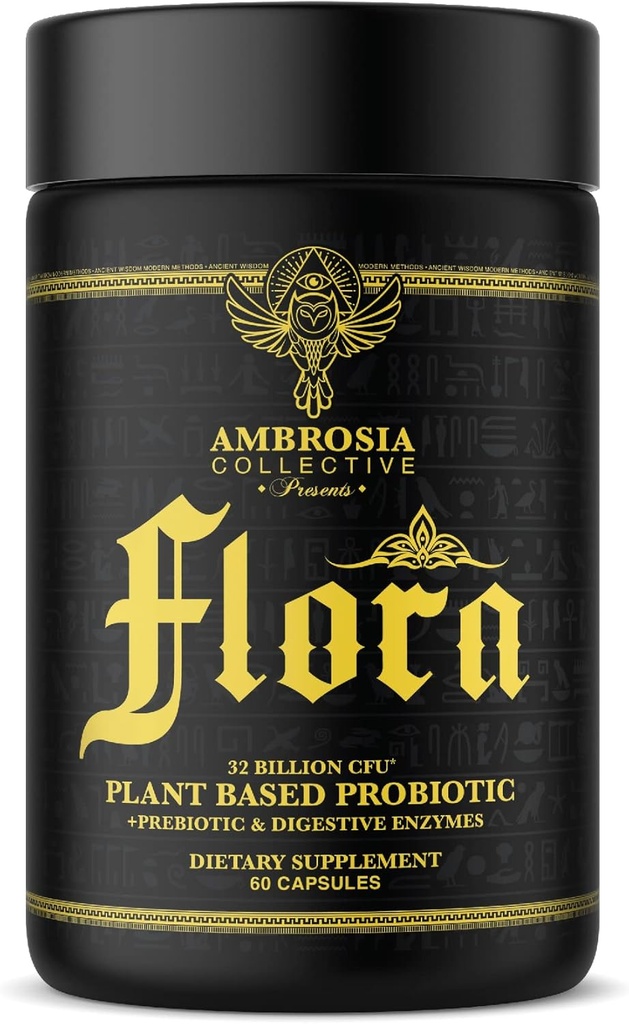 Ambrosia Flora Digestive Enzymes with Probiotics and Prebiotics, Plant Based Gut Health Supplement, 32 Milliion CFU, Vegan Probiotic for Digestive Health (30 Servings)