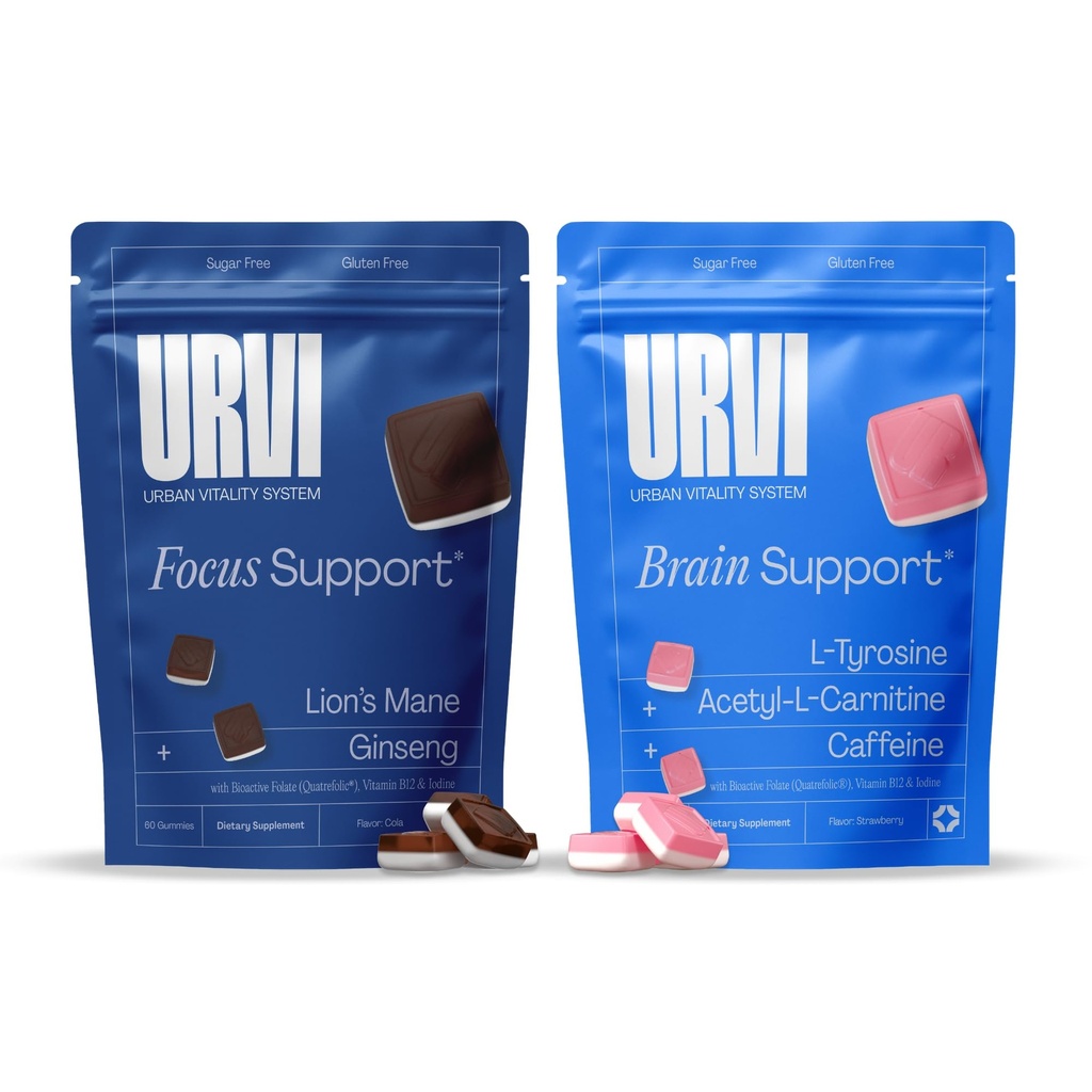 URVI® Brain & Focus Gummies – Lions Mane, Panax Ginseng, Caffeine, L-Tyrosine, Acetyl L-Carnitine (ALCAR), Methyl Folate (Quatrefolic®), Vitamin B12 & Iodine – 2 x 60