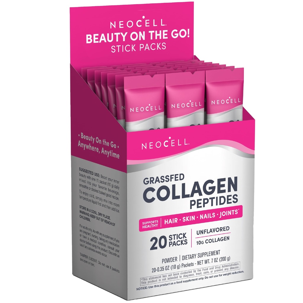NeoCell Super Collagen Peptides, 10 g Collagen/Single-Serve Packet; Keto Certified, Gluten Free; pre zdravú pokožku, vlasy, nechty a spoločnú podporu;* Neochutený prášok, 20 Servs, 7 Oz.