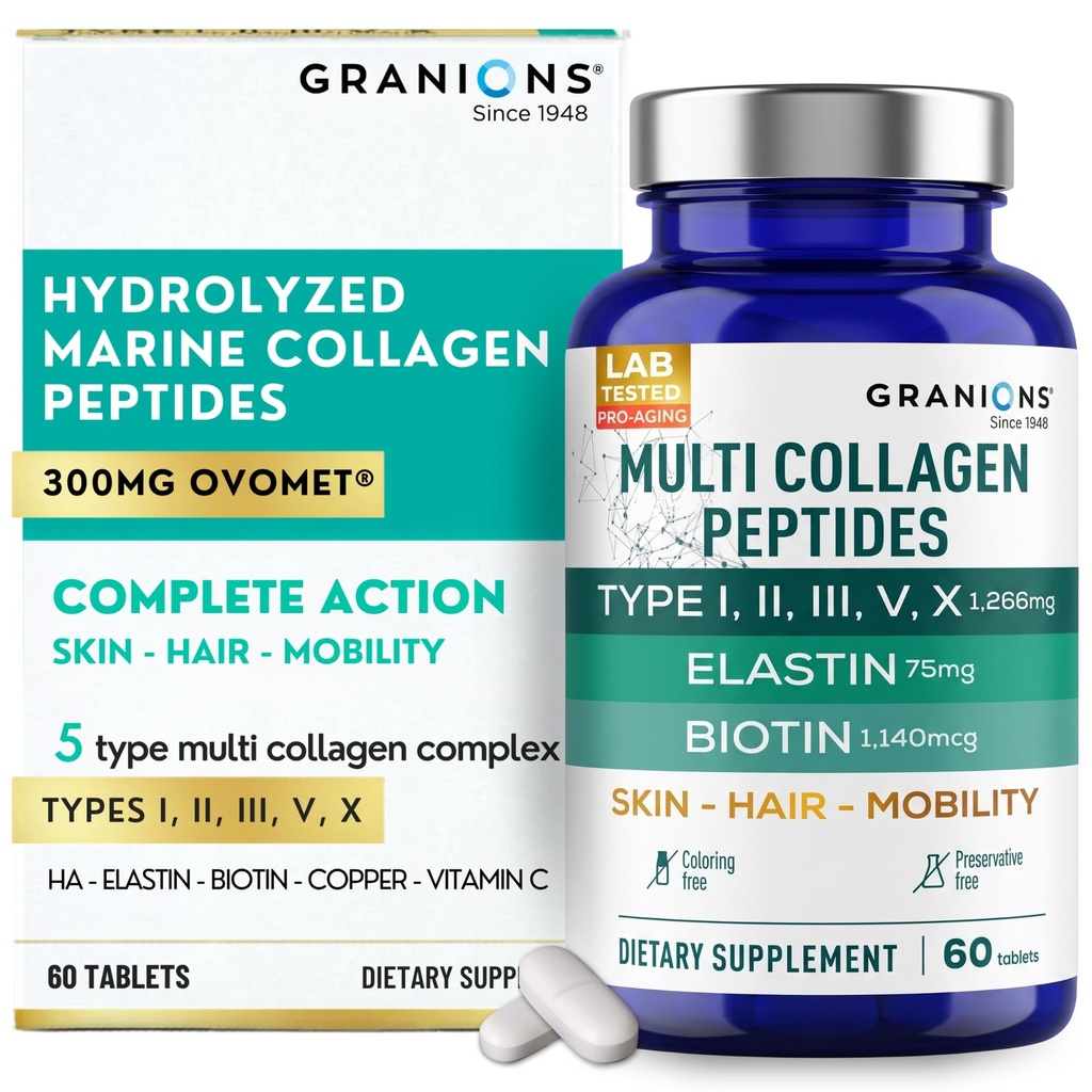 Granions Hydrolyzed Multi Collagen Peptides Pills for Women & Men - Type I, II, III, V, X, Ovomet Egshell Membrane Elastin, Hyaluronic Acid, Marine Collagen, Biotin, Vitamin C Complex - 30 Servings