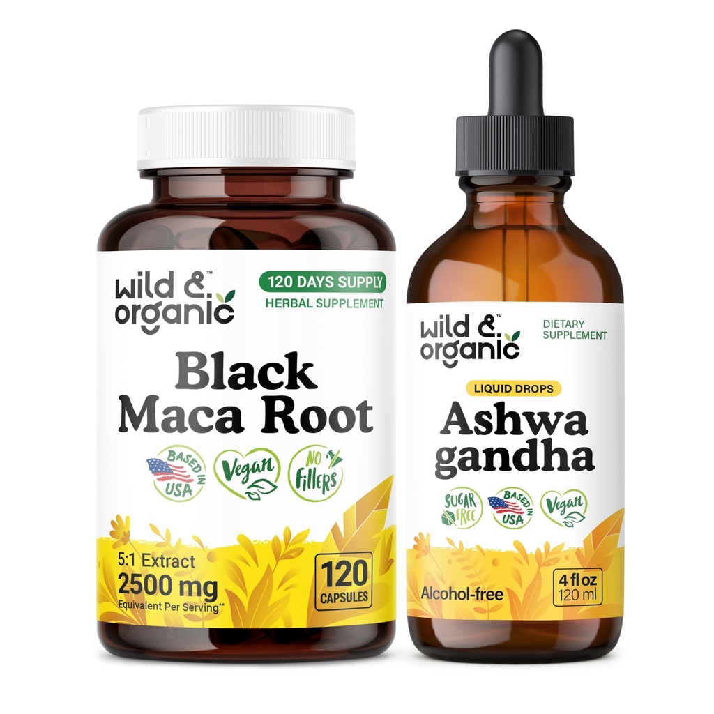 Wild & Organic Black Maca Root 120 Capsules & Ashwagandha Tincture 4 fl oz