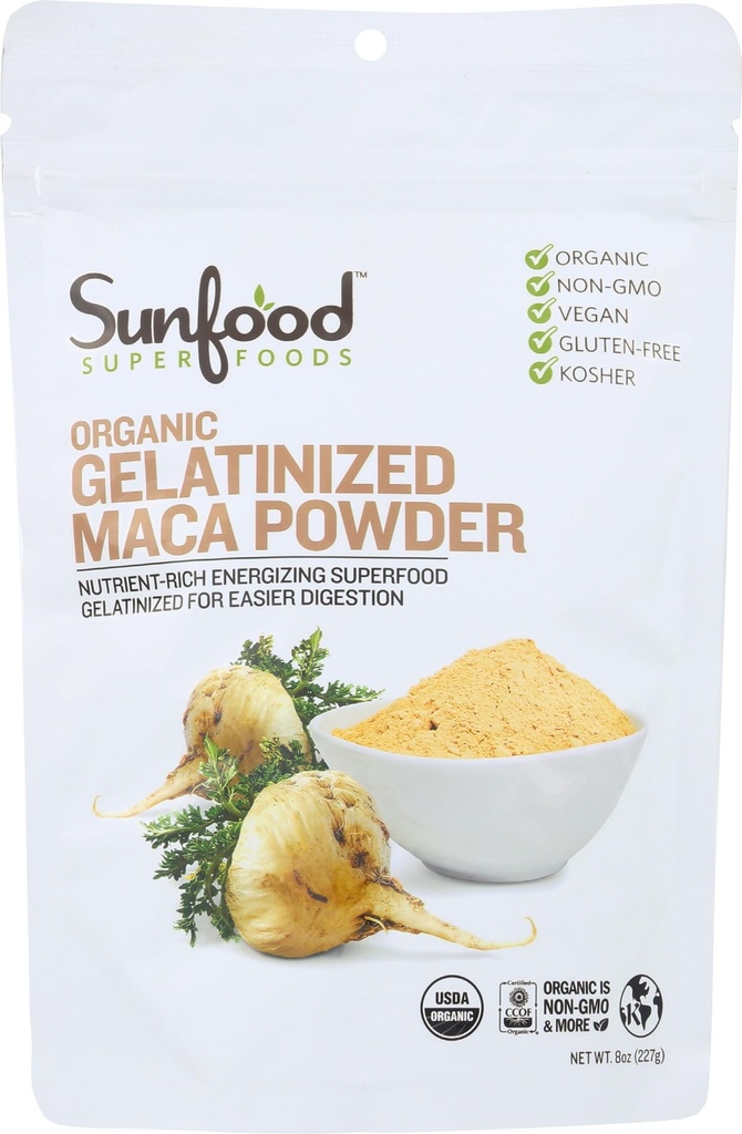 Sunfood Superfood Organic Gelatinized Maca Root Powder - Pure Raw Maca Powder for Women & Men, Use in Coffee or Smoothie, Certified USDA Organic, Non-GMO, Vegan, Gluten Free, Earth Kosher - 8 oz Bag