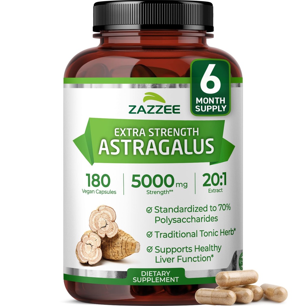 Zazzee Extra sila Astragalus Root 20:1 Extrakt, 5000 mg Sila, 70% Polysacharidy, 180 Vegánskych kapsúl, 6-mesačná zásoba, 100% Vegetarian, Štandardizovaný a koncentrovaný 20X extrakt, non-GMO