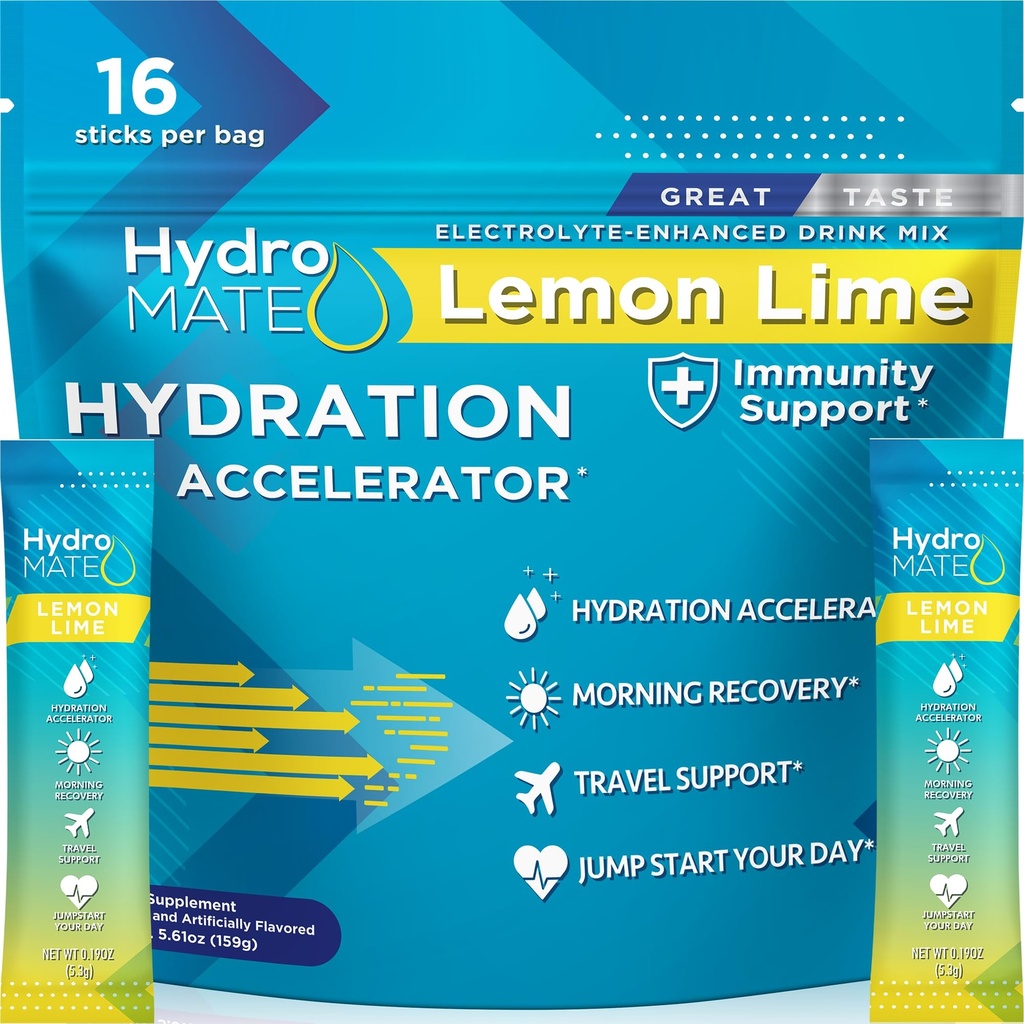 HydroMATE Electrolyte Powder Lemon Lime Hydration Packets Low Sugar 16 Count