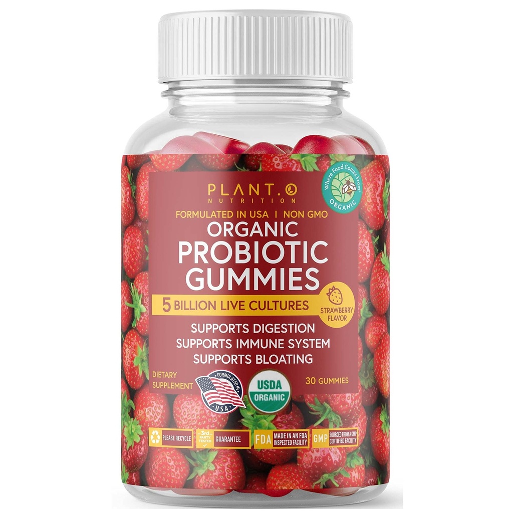 Plant.O Organic Probiotic Gummies for Women, Men & Kids [5 miliárd CFUs USDA Certified] Help Support Digestion, Bloating, Zápcha a imunitný systém, Jahodová príchuť, 30 Chewable Probiotics