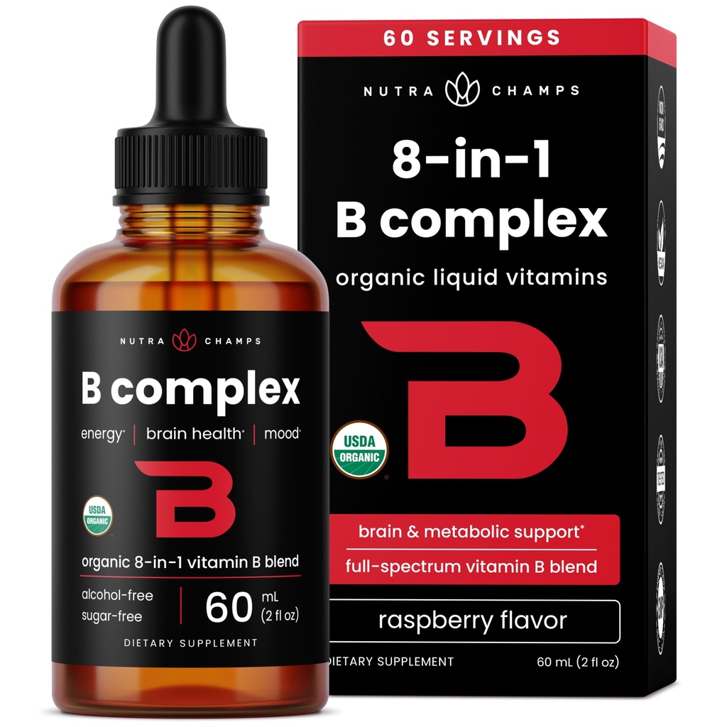 USDA organický vitamín B komplex kvapalné kvapky B vitamínový komplex doplnok s B1, B2, B3, B6, B7, B9 a metyl B12 kvapky pre dospelých a deti 