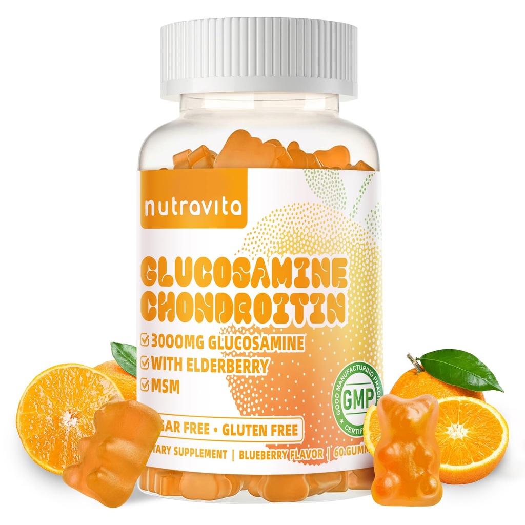 Nutravita Glukozamín Chondroitín Gummy s extra silou MSM a bazy - Spoločná podpora, Antioxidant Immune Suplement pre dospelých, mužov a ženy 60 Orange Chews