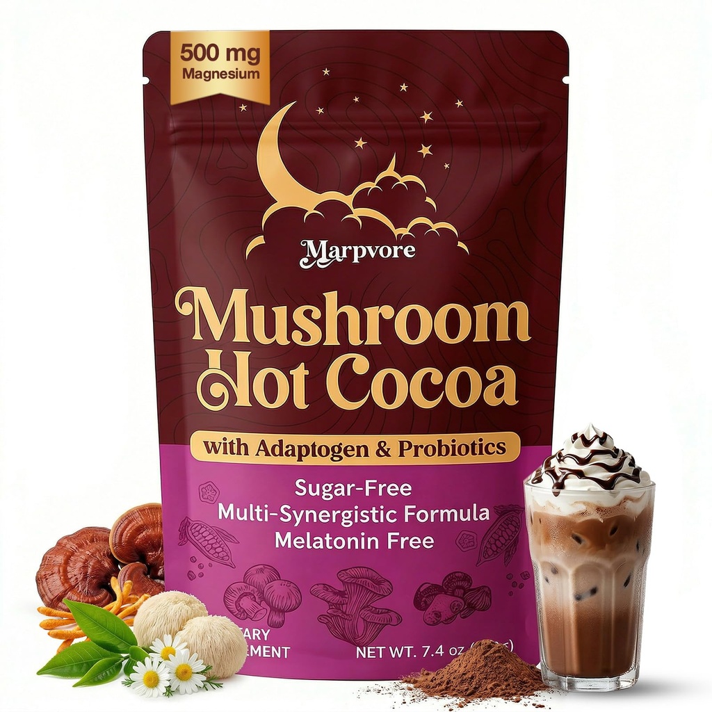 Mushroom Hot Cocoa Powder with Magnesium Glycinate, L-Theanine, Probiotics, Ashwagandha, Reishi, Cacao Powder Organic Hot Chocolate Supplement for Sleep, Relax, Digestion, No Melatonin, Vegan, 7.4oz