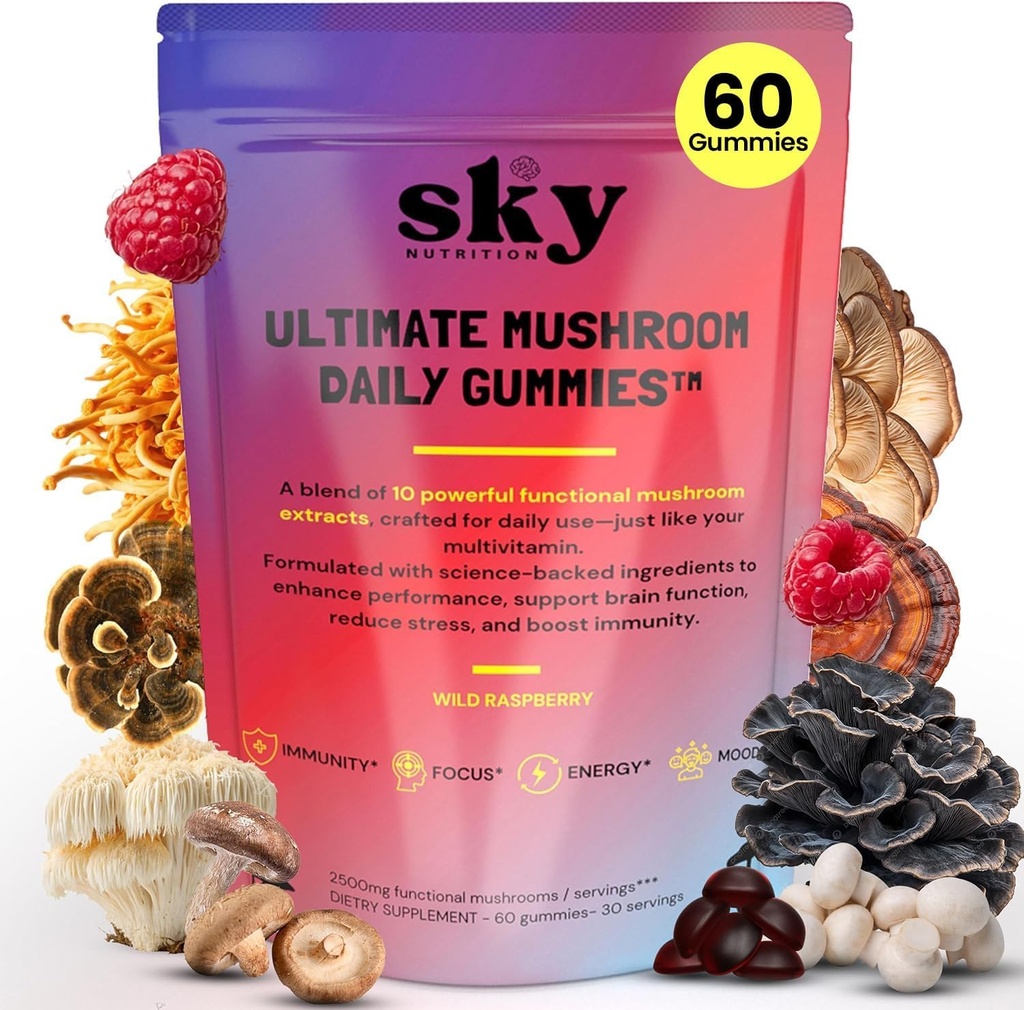 Mushroom Gummies for Adults - 10-in-1 Powerful Mushroom Complex w/Lions Mane, Reishi, Cordyceps, Turkey Tail - for Mental Clarity, Focus, Immunity - Mushroom Flavored 60 Vegan Gummies
