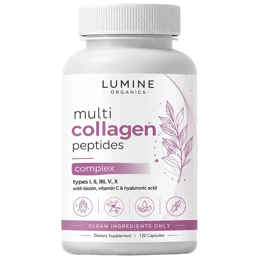 Lumine Organics Collagen Capsules – Types I, II, III, V & X Hydrolyzed Collagen Peptides with Vitamin C & Hyaluronic Acid – Support Hair, Skin, Nails & Joints – Non-GMO, Gluten Free, 120 Capsules