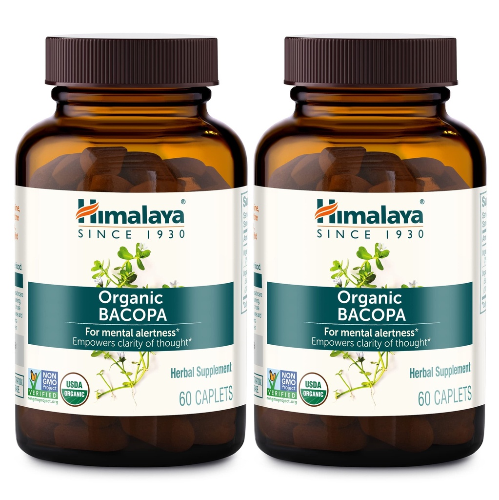 Himalája Bacopa Monnieri Nootropný bylinný doplnok, Mental Alertness, podporuje pokoj, pamäť, Cognition, USDA Organic, Non-GMO, 750 mg, 60 Plant-Based Caplets, 2 balenie, 120 dní dodávky