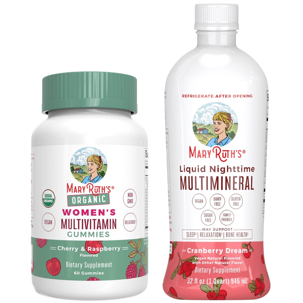 MaryRuth's Multivitamínové Gumies for Women (Cherry & Malina) & Liquid Nighttime Multimineral (Cranberry) 