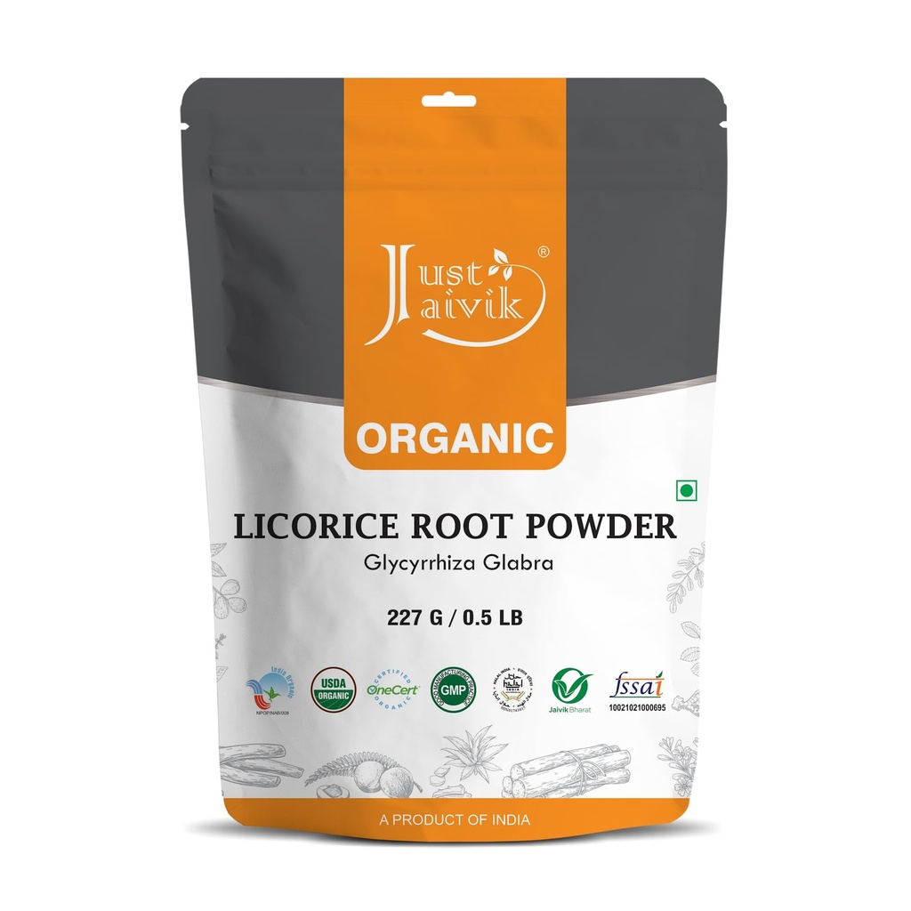 Just Jaivik 100% Organic Licorice Root Powder - 227 gm / 0.5 lb Mulethi | Glycyrrhiza Glabra/Yastimadu | May Enhance Gut, Respiratory & Digestive Wellness | USDA Organic Certified Herb