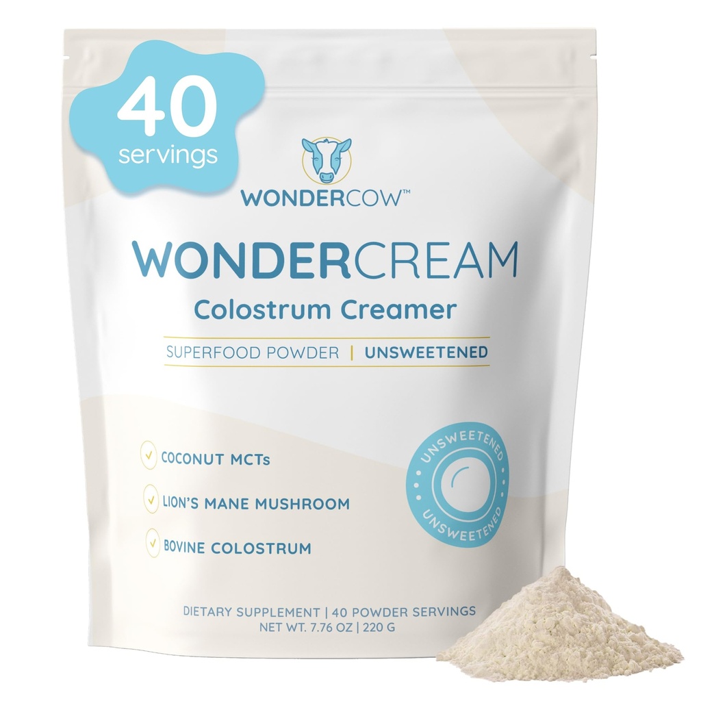 WONDERCOW Bovine Colostrum Superfood Creamer Supplement Powder w/Organic Lions Mane Mushroom & Coconut Milk Powder MCTs | Functional Sugar Free Keto Coffee, Smoothie & Drink Mix Unsweetened
