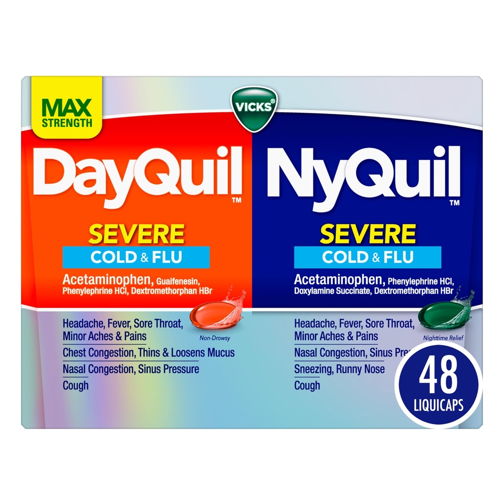 VICKS DayQuil & NyQuil SEVERE Co-Pack, Cold & Flu Medicine, Silná úľava na bolesť hlavy, Horúčka, Bolesť, menšie bolesti a bolesti, Kongescia, Sinus tlak, dusný nos, a Kašeľ, 48 LiquiCaps
