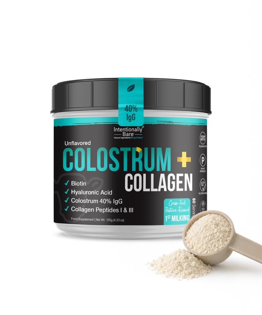 Intentionally Bare Colostrum and Collagen Powder - Bovine Colostrum Powder for Gut Health, Immunity, Hair, Skin and Nails - Unflavored Collagen Supplement with Biotin & Hyaluronic Acid - 60 Servings